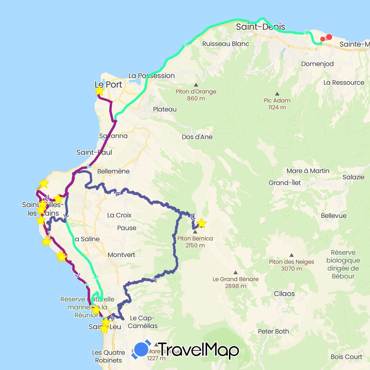 TravelMap itinerary: plane, hiking, 29/09, 30/09, 01/10, 28/09 in France, Réunion (Africa, Europe)